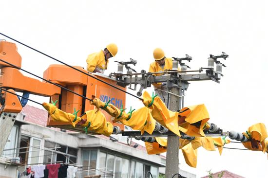在上海平利路，国网上海电力工作人员开展带电调换柱上分段杆刀。 本文图片均由 国网上海市电力 供图